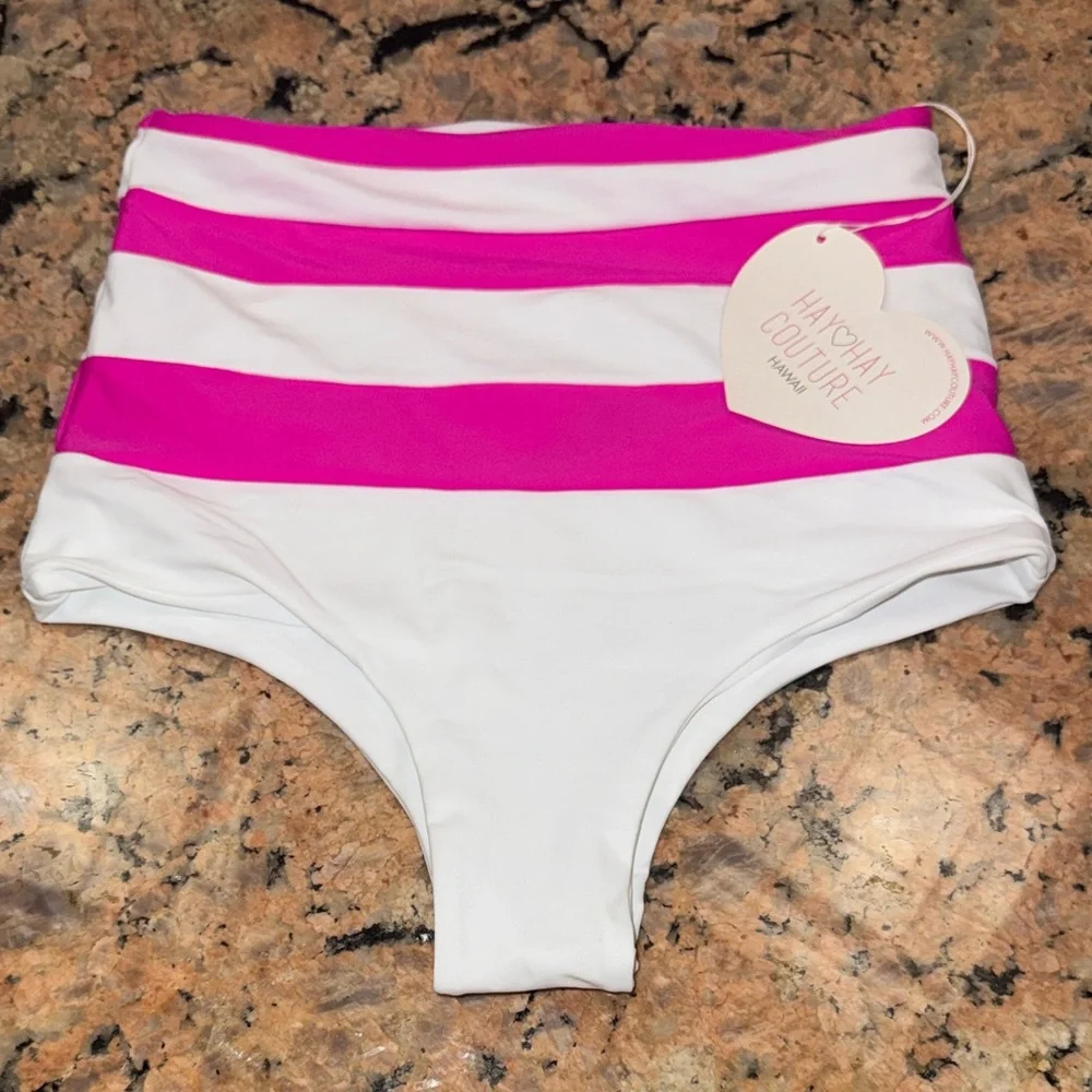 Pink and White high waist striped Bikini Bottom